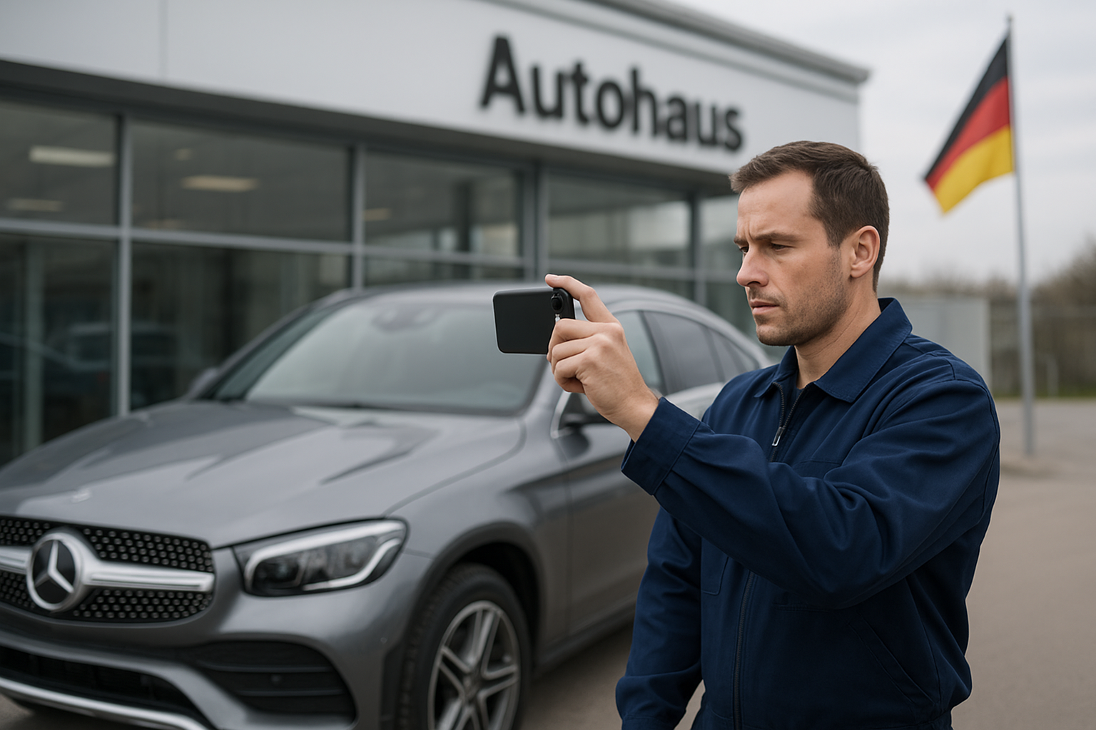 Inspector de Transportes Villamella grabando en vídeo un Mercedes GLC frente a un Autohaus en Alemania durante la revisión previa al transporte