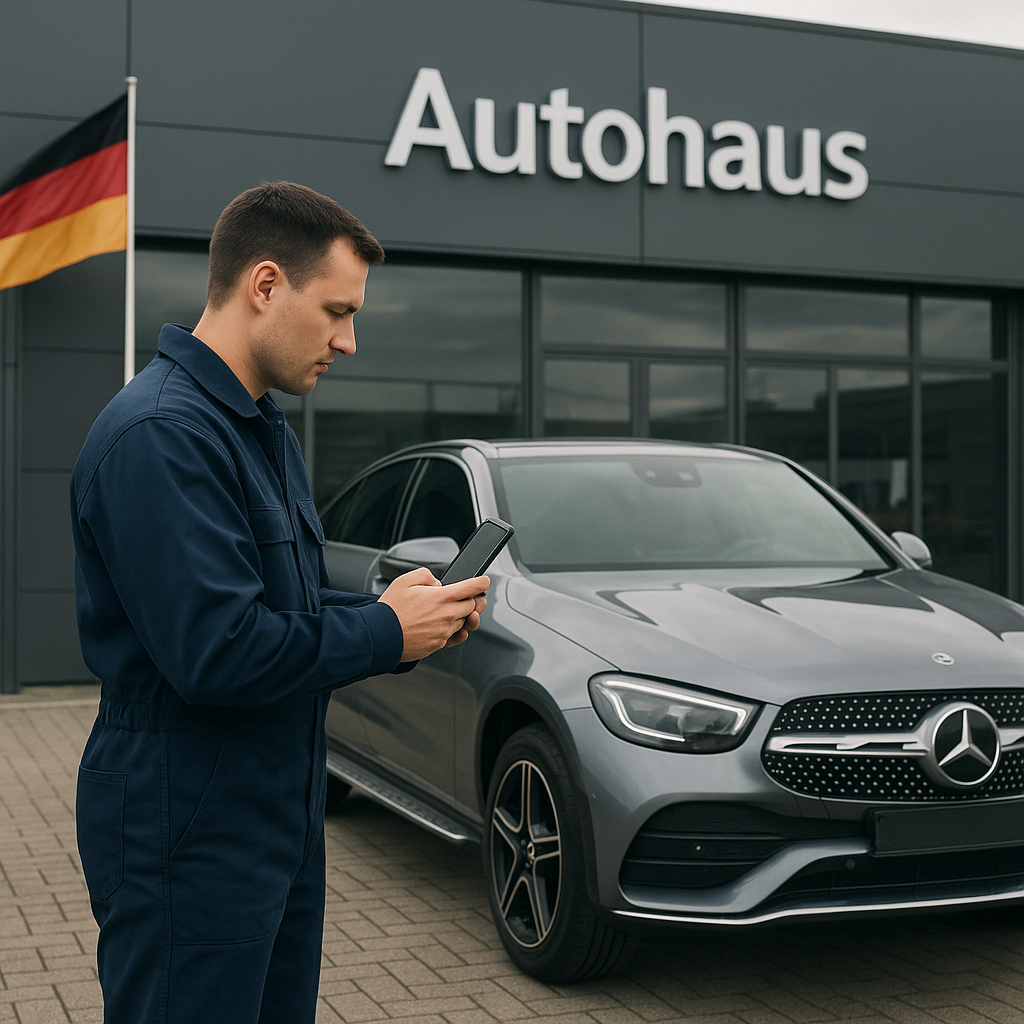 Técnico de Transportes Villamella fotografiando con su móvil un Mercedes GLC Coupé frente a un concesionario Autohaus en Alemania durante la inspección previa a la importación.