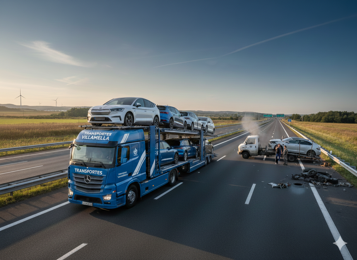 Camión portacoches de Transportes Villamella realizando el transporte por carretera de vehículos eléctricos Skoda en Valladolid.