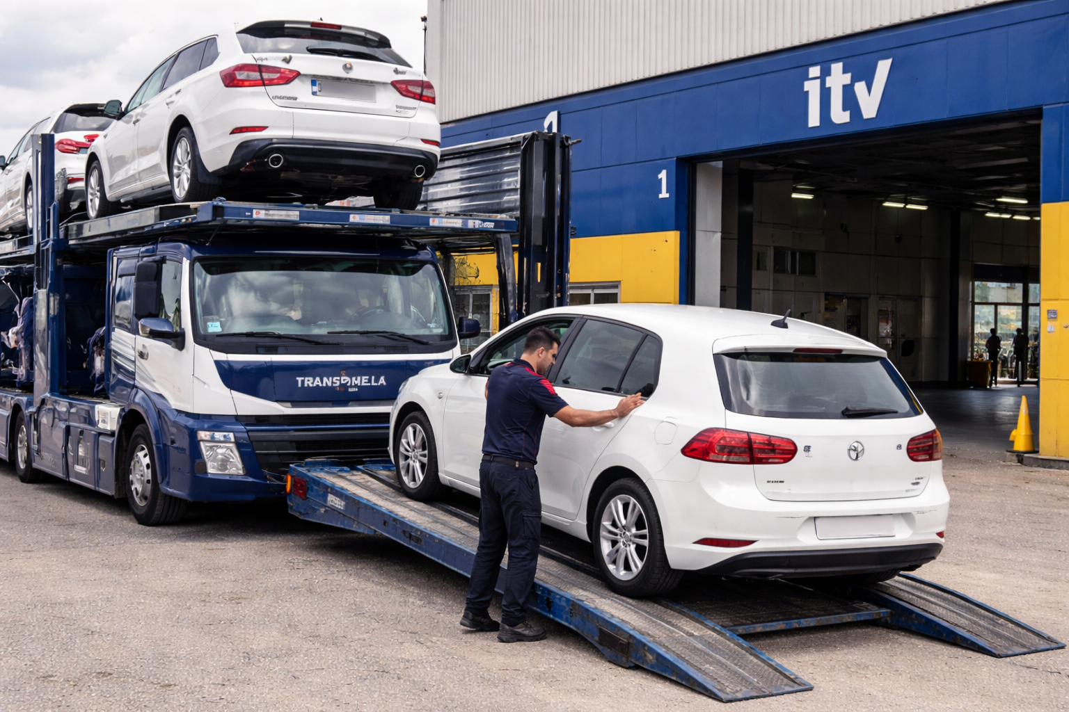 Camión portacoches descargando un vehículo en una ITV para transportes de vehículos por carretera