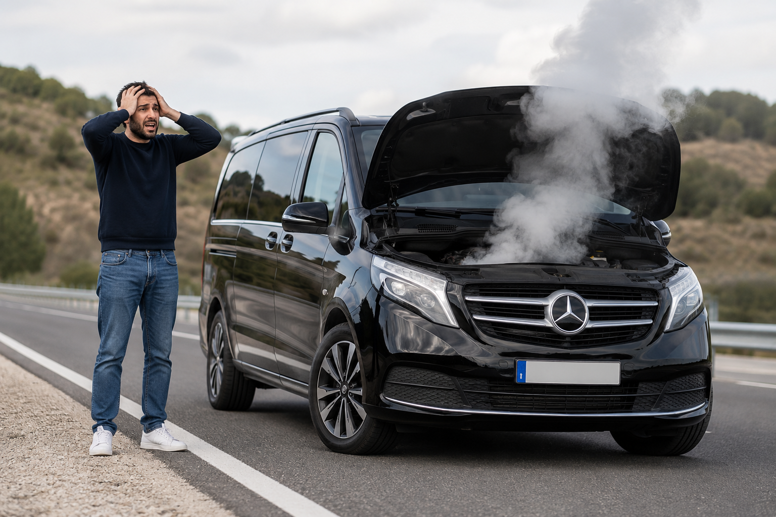 Cliente preocupado junto a un Mercedes averiado con humo saliendo del motor en carretera.