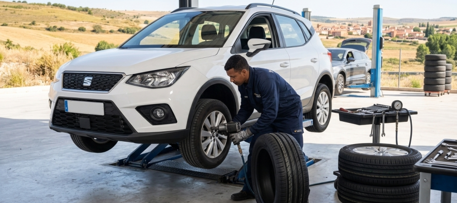Mecánico cambiando neumáticos desgastados en un coche por transporte de vehículos por carretera en Valladolid