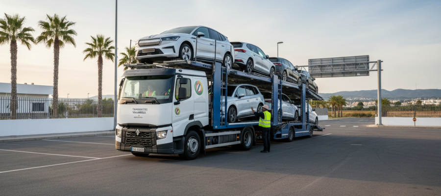 Camión portacoches de Transportes Villamella realizando el transporte por carretera de vehículos eléctricos Skoda en Valladolid.